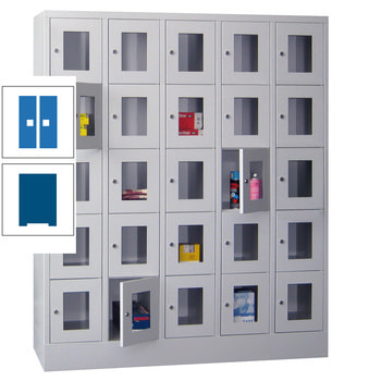Schließfachschrank - Sichtfenstertüren - 25 Fächer a 300 mm - 1.850x1.500x500 mm (HxBxT) - Sockel - Zylinderschloss - enzianblau/himmelblau RAL 5015 Himmelblau | RAL 5010 Enzianblau