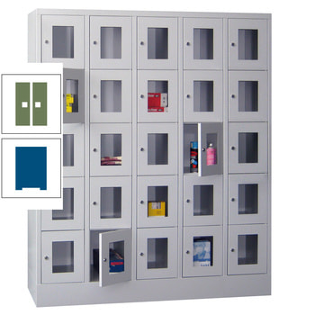 Schließfachschrank - Sichtfenstertüren - 25 Fächer a 300 mm - 1.850x1.500x500 mm (HxBxT) - Sockel - Zylinderschloss - enzianblau/resedagrün RAL 6011 Resedagrün | RAL 5010 Enzianblau