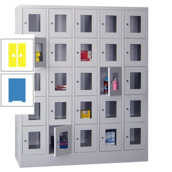 Schließfachschrank - Sichtfenstertüren - 25 Fächer a 300 mm - 1.850x1.500x500 mm (HxBxT) - Sockel - Zylinderschloss - lichtblau/zinkgelb RAL 1018 Zinkgelb | RAL 5012 Lichtblau