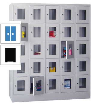 Schließfachschrank - Sichtfenstertüren - 25 Fächer a 300 mm - 1.850x1.500x500 mm (HxBxT) - Sockel - Zylinderschloss - tiefschwarz/lichtblau RAL 5012 Lichtblau | RAL 9005 Tiefschwarz
