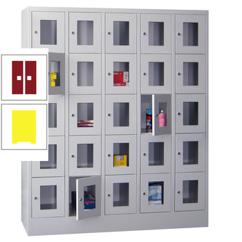 Schließfachschrank - Sichtfenstertüren - 25 Fächer a 300 mm - 1.850x1.500x500 mm (HxBxT) - Sockel - Drehriegel - zinkgelb/rubinrot RAL 3003 Rubinrot | RAL 1018 Zinkgelb