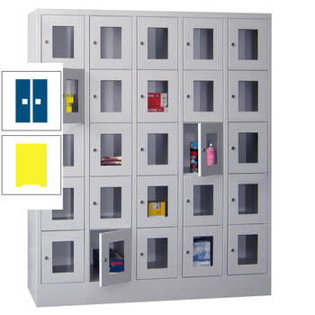 Schließfachschrank - Sichtfenstertüren - 25 Fächer a 300 mm - 1.850x1.500x500 mm (HxBxT) - Sockel - Drehriegel - zinkgelb/enzianblau RAL 5010 Enzianblau | RAL 1018 Zinkgelb