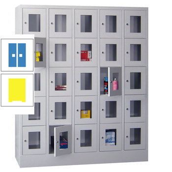 Schließfachschrank - Sichtfenstertüren - 25 Fächer a 300 mm - 1.850x1.500x500 mm (HxBxT) - Sockel - Drehriegel - zinkgelb/lichtblau RAL 5012 Lichtblau | RAL 1018 Zinkgelb