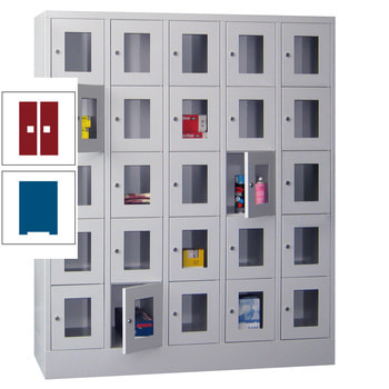Schließfachschrank - Sichtfenstertüren - 25 Fächer a 300 mm - 1.850x1.500x500 mm (HxBxT) - Sockel - Drehriegel - enzianblau/rubinrot RAL 3003 Rubinrot | RAL 5010 Enzianblau