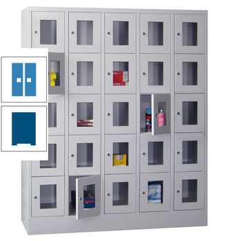 Schließfachschrank - Sichtfenstertüren - 25 Fächer a 300 mm - 1.850x1.500x500 mm (HxBxT) - Sockel - Drehriegel - enzianblau/lichtblau RAL 5012 Lichtblau | RAL 5010 Enzianblau