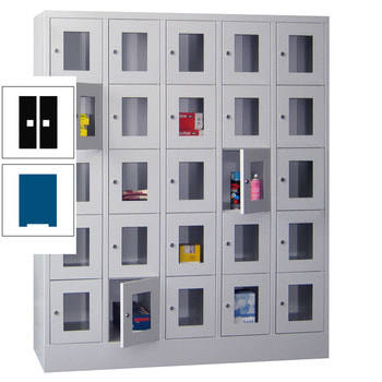 Schließfachschrank - Sichtfenstertüren - 25 Fächer a 300 mm - 1.850x1.500x500 mm (HxBxT) - Sockel - Drehriegel - enzianblau/tiefschwarz RAL 9005 Tiefschwarz | RAL 5010 Enzianblau