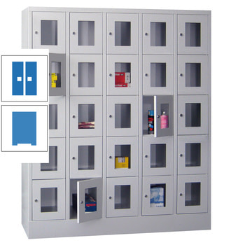 Schließfachschrank - Sichtfenstertüren - 25 Fächer a 300 mm - 1.850x1.500x500 mm (HxBxT) - Sockel - Drehriegel - lichtblau/himmelblau RAL 5015 Himmelblau | RAL 5012 Lichtblau