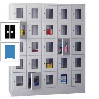 Schließfachschrank - Sichtfenstertüren - 25 Fächer a 300 mm - 1.850x1.500x500 mm (HxBxT) - Sockel - Drehriegel - lichtblau/tiefschwarz RAL 9005 Tiefschwarz | RAL 5012 Lichtblau