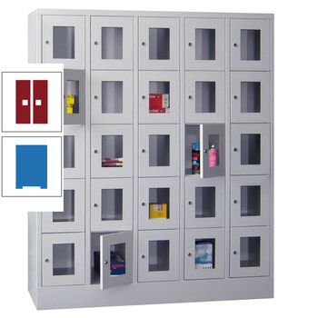 Schließfachschrank - Sichtfenstertüren - 25 Fächer a 300 mm - 1.850x1.500x500 mm (HxBxT) - Sockel - Drehriegel - himmelblau/rubinrot RAL 3003 Rubinrot | RAL 5015 Himmelblau