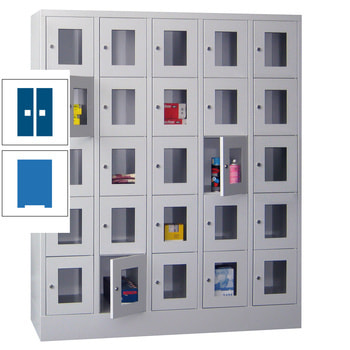 Schließfachschrank - Sichtfenstertüren - 25 Fächer a 300 mm - 1.850x1.500x500 mm (HxBxT) - Sockel - Drehriegel - himmelblau/enzianblau RAL 5010 Enzianblau | RAL 5015 Himmelblau