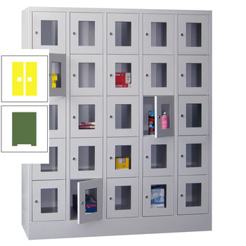 Schließfachschrank - Sichtfenstertüren - 25 Fächer a 300 mm - 1.850x1.500x500 mm (HxBxT) - Sockel - Drehriegel - resedagrün/zinkgelb RAL 1018 Zinkgelb | RAL 6011 Resedagrün