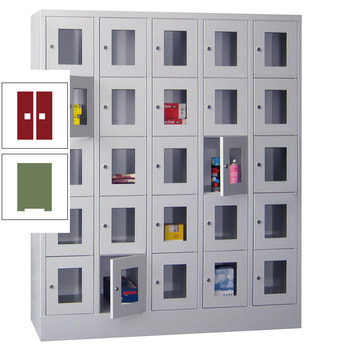 Schließfachschrank - Sichtfenstertüren - 25 Fächer a 300 mm - 1.850x1.500x500 mm (HxBxT) - Sockel - Drehriegel - resedagrün/rubinrot RAL 3003 Rubinrot | RAL 6011 Resedagrün