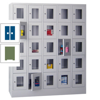 Schließfachschrank - Sichtfenstertüren - 25 Fächer a 300 mm - 1.850x1.500x500 mm (HxBxT) - Sockel - Drehriegel - resedagrün/enzianblau RAL 5010 Enzianblau | RAL 6011 Resedagrün