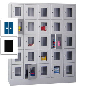 Schließfachschrank - Sichtfenstertüren - 25 Fächer a 300 mm - 1.850x1.500x500 mm (HxBxT) - Sockel - Drehriegel - tiefschwarz/enzianblau RAL 5010 Enzianblau | RAL 9005 Tiefschwarz