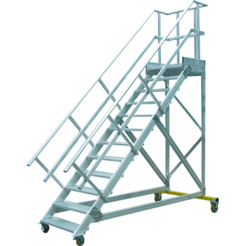 Fahrbare Podestleiter - Podesttreppe - 1.940 x 1.000 x 1.620 mm (HxBxT) - 6 Stufen 600 mm breit - Treppenneigung 45 Grad - Rollpodest - Aluminium 6 Stk.