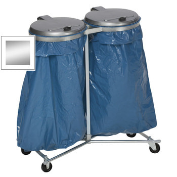 Müllsackständer mit 4 Rollen - für zwei 120 l Säcke - 1.020 x 860 x 500 mm (HxBxT) - verzinkt - Deckel Kunststoff, silber mit 4 Rollen | Silber | Verzinkt | 2 x 120 l Sackl