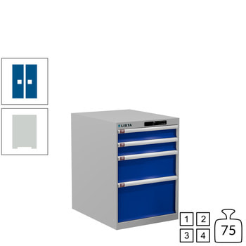 Lista Schubladenschrank - 78.128.518 - 800x564x725 mm (HxBxT) - 4 Schubladen - 75 kg - Code Lock - RAL 7035/RAL 5005 RAL 5005 Signalblau | RAL 7035 Lichtgrau | Code Lock