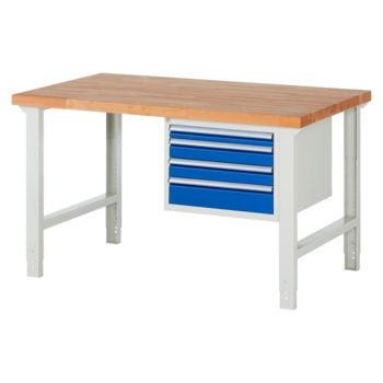 Werkbank mit 4 Schubladen - Vollauszug - 60:1 / 90:2 / 120:1 - höhenverstellbar 790-1.140 mm - 1.500 x 900 mm (BxT) - Traglast 750 kg - Buche Vollauszug | 900 mm