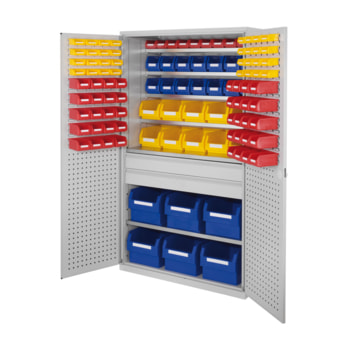 Magazinschrank - 112 Sichtlagerkästen - Loch-/Schlitzplatten Türen - 2 Schubladen - 6 Böden - 1.950 x 1.130 x 590 mm (HxBxT) - lichtgrau Magazinschrank - 112 Sichtlagerkästen - Loch-/Schlitzplatten Türen - 2 Schubladen - 6 Böden - 1.950 x 1.130 x 590 mm (HxBxT) - lichtgrau