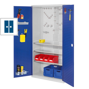 Werkzeugschrank - Türen mit Lochplatten - 3 Fachböden - 1.950 x 1.000 x 500 mm (HxBxT) - Korpusfarbe lichtgrau - Türfarbe enzianblau RAL 5010 Enzianblau