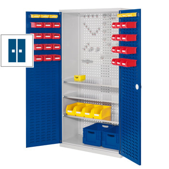 Werkzeugschrank - Türen mit Schlitzplatten - 3 Fachböden - 1.950 x 1.000 x 500 mm (HxBxT) - Korpusfarbe lichtgrau - Türfarbe enzianblau RAL 5010 Enzianblau