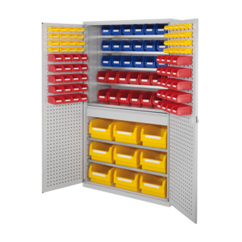 Magazinschrank - 116 Sichtlagerkästen - Loch-/Schlitzplatten Türen - 1 Schublade - 7 Böden - 1.950 x 1.130 x 590 mm (HxBxT) - lichtgrau Magazinschrank - 116 Sichtlagerkästen - Loch-/Schlitzplatten Türen - 1 Schublade - 7 Böden - 1.950 x 1.130 x 590 mm (HxBxT) - lichtgrau