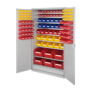 Magazinschrank - 129 Sichtlagerkästen - 1 Schublade - 9 Böden - 1.950 x 1.130 x 590 mm (HxBxT) - lichtgrau Magazinschrank - 129 Sichtlagerkästen - 1 Schublade - 9 Böden - 1.950 x 1.130 x 590 mm (HxBxT) - lichtgrau