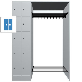 Garderobenanlage, Offene Garderobe mit Spindschrank, 10 Fächer, links, Korpusfarbe lichtgrau, Türfarbe lichtblau, 1.950 x 1.410 x 480 mm (HxBxT) RAL 5012 Lichtblau