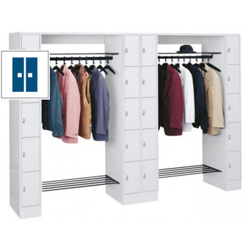 Garderobenanlage, Offene Garderobe mit Spindschrank, 20 Fächer, li./re/mitte, Farbe lichtgrau, Türfarbe enzianblau, 1.950 x 2.840 x 480 mm (HxBxT) RAL 5010 Enzianblau