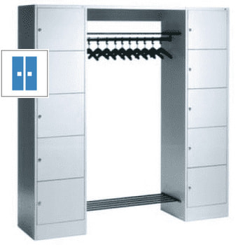 Garderobenanlage, Offene Garderobe mit Spindschrank, 10 Fächer, links/rechts, Korpus lichtgrau, Türfarbe lichtblau, 1.950 x 1.870 x 480 mm (HxBxT) RAL 5012 Lichtblau