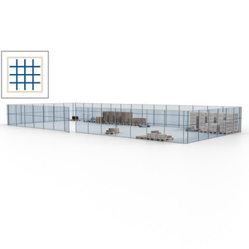 Maschinen Schutzgitter - Hallentrennwand - Sicherheitszaun - Tür - 60 m - 2.200 x 21.400 x 9.400 mm (HxBxT) - Perlweiß/enzianblau RAL 1013 Perlweiß | RAL 5010 Enzianblau