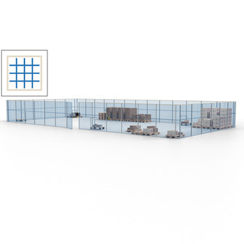 Maschinen Schutzgitter - Hallentrennwand - Sicherheitszaun - Tür - 57 m - 2.200 x 19.900 x 9.400 mm (HxBxT) - Perlweiß/himmelblau RAL 1013 Perlweiß | RAL 5015 Himmelblau