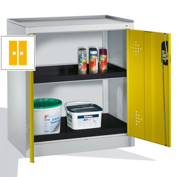 Abbildung zeigt Umweltschrank mit der Frontfarbe Verkehrsgelb (RAL 1023) und abweichender Wannenfarbe - Inhalt nicht im Lieferumfang enthalten Abbildung zeigt Umweltschrank mit der Frontfarbe Verkehrsgelb (RAL 1023) und abweichender Wannenfarbe - Inhalt nicht im Lieferumfang enthalten