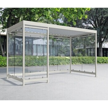 Raucherunterstand, Fahrgastunterstand, Bushaltestelle, Flachdach, für 8-10 Personen, verkehrsweiß, ESG, 2.510 x 4.165 x 2.165 mm (HxBxT), Typengeprüft Raucherunterstand, Fahrgastunterstand, Bushaltestelle, Flachdach, für 8-10 Personen, verkehrsweiß, ESG, 2.510 x 4.165 x 2.165 mm (HxBxT), Typengeprüft