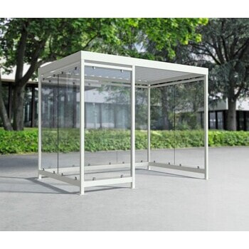 Raucherunterstand, Fahrgastunterstand, Bushaltestelle, Flachdach, für 6-7 Personen, verkehrsweiß, ESG, 2.510 x 3.180 x 2.165 mm (HxBxT), Typengeprüft