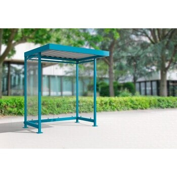 Raucherunterstand, Fahrgastunterstand, Bushaltestelle, Flachdach, für 2-3 Personen, enzianblau, ESG, 2.510 x 2.165 x 1.800 mm (HxBxT), Typengeprüft