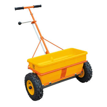 Kastenstreuer, Streuwagen, Salzstreuer, Düngewagen, Saatgut, 35 l Volumen, Edelstahl und Polyethylen, bis zu 600 mm Streubreite regelbar, luftbereift Kastenstreuer, Streuwagen, Salzstreuer, Düngewagen, Saatgut, 35 l Volumen, Edelstahl und Polyethylen, bis zu 600 mm Streubreite regelbar, luftbereift