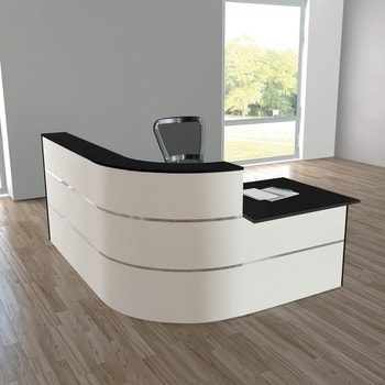 Moderne Empfangstheke mit vollwertigem Arbeitsplatz, für Kanzlei, Praxis, Büro, Höhe 1.100 mm, Arbeitsplatzhöhe 740 mm, Fläche 1.800 x 1.950 mm (BxT)
