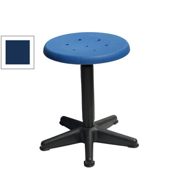 Arbeitshocker mit platzsparendem Fußkreuz, Drehspindel und blauem Kunststoff-Sitz Arbeitshocker mit platzsparendem Fußkreuz, Drehspindel und blauem Kunststoff-Sitz