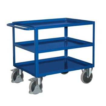 Tischwagen mit Stahlwanne - 3 Etagen - Traglast 400 kg - 495 x 845 mm (BxT) - Griff waagerecht - enzianblau
