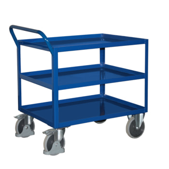 Tischwagen mit Stahlwanne - 3 Etagen - Traglast 400 kg - 495 x 845 mm (BxT) - Griff senkrecht - enzianblau