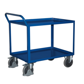 Tischwagen mit Stahlwanne - 2 Etagen - Traglast 400 kg - 695 x 995 mm (BxT) - Griff senkrecht - enzianblau