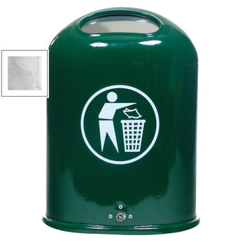 Ovaler Abfallbehälter mit Federklappe - mit Aufkleber - Pfosten-/Wandmontage - 45l - feuerverzinkt Verzinkt
