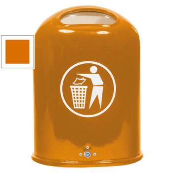 Ovaler Abfallbehälter mit Federklappe - mit Aufkleber - Pfosten-/Wandmontage - 45l - gelborange RAL 2000 Gelborange