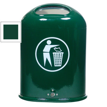 Ovaler Abfallbehälter mit Federklappe - mit Aufkleber - Pfosten-/Wandmontage - 45l - moosgrün RAL 6005 Moosgrün