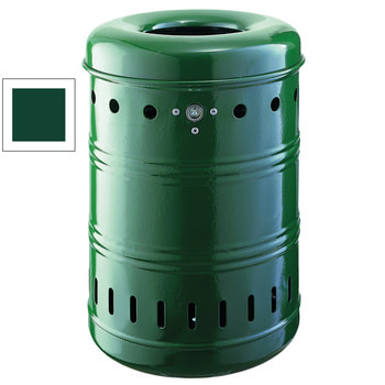 Runder Abfallbehälter mit Springdeckel - 35 l - Behälter gelocht - Wand- oder Pfostenmontage - moosgrün RAL 6005 Moosgrün