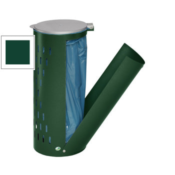 Müllsackhalter - mit Klapptür - gelochter Korpus - rund - Volumen 80 l - 850 x 380 x 440 mm (HxBxT) - moosgrün RAL 6005 Moosgrün | mit Klapptür