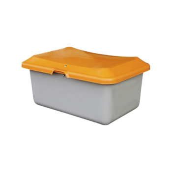 Streugutbehälter für Streusalz, Winterstreumittel, Futtermittel, 100 l Volumen, 340 x 890 x 600 mm (HxBxT), GFK, grau/orange Streugutbehälter für Streusalz, Winterstreumittel, Futtermittel, 100 l Volumen, 340 x 890 x 600 mm (HxBxT), GFK, grau/orange