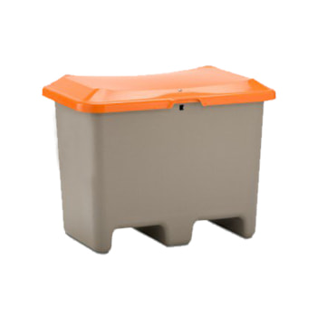 Streugutbehälter mit grauem Korpus und orangenem Deckel.