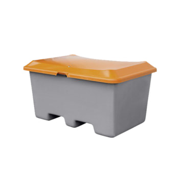 Streugutbehälter mit grauem Korpus und orangenem Deckel.